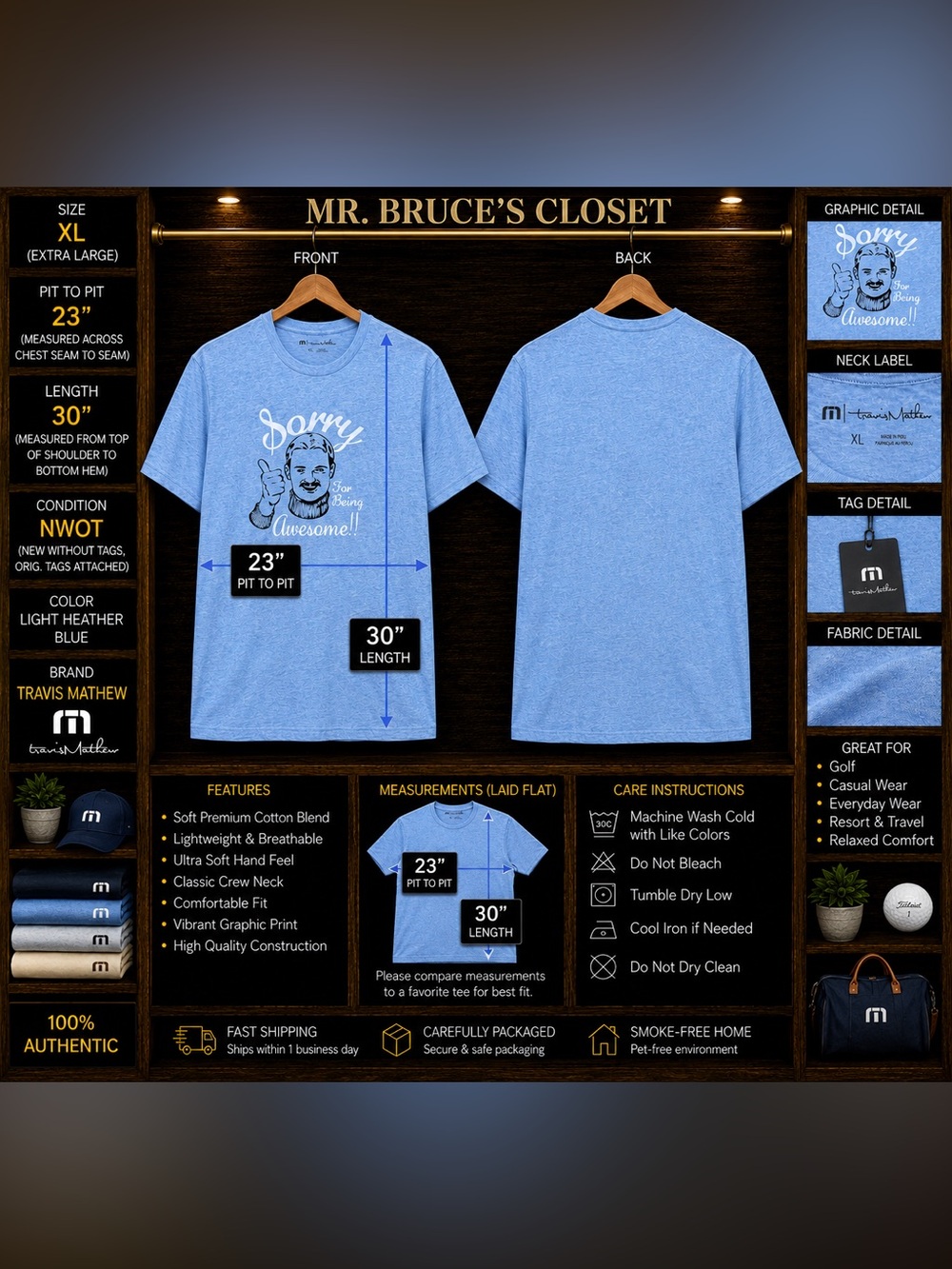 Travis Mathew Light Heather Blue Graphic Tee - "Sorry For Being Awesome"